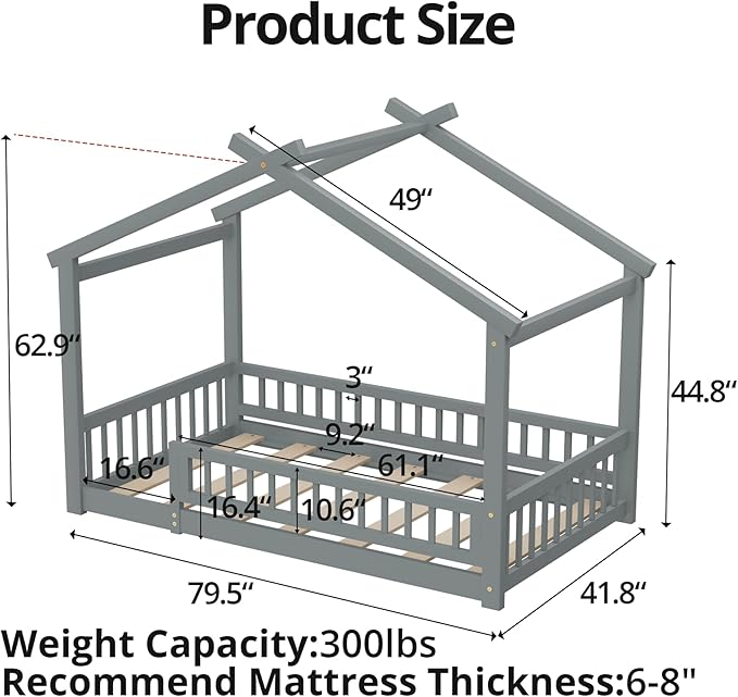 LLS Twin House Bed with Fence, Wooden Montessori Bed with Slats Support, Floor Bed Frame for Boys Girls Bedroom, Gray