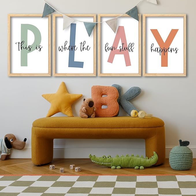 Surfapans Nursery Playroom Wall Decor 16"×11" Set of 4 This Is Where The Fun Stuff Happens sign Wooden Framed for Children's Room Wall Hanging Art (Wood)