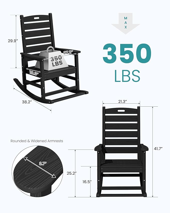 SERWALL Oversized Outdoor Rocking Chair, HDPE Patio Rocking Chair with Footboard for Adults, All Weather Porch Rocker for Deck Patio Balcony, Black