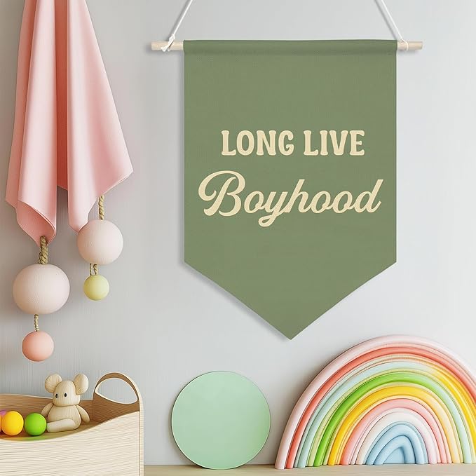 Long Live Boyhood Wall Banner,Retro Canvas Hanging Sign,Boys Room Flag Decor,Vintage Nursery Flag, Toddler or Kid Playroom Wall Art Poster 11x16inch(KD29)