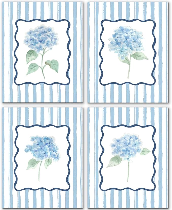 JINYO Retro Blue Hydrangea Floral Wall Art Prints Set of 4, Floral Room Decor, Rustic Blue and White Striped Botanical Flower Posters Pictures Wall Decor for Home Bedroom, 12x16 Unframed