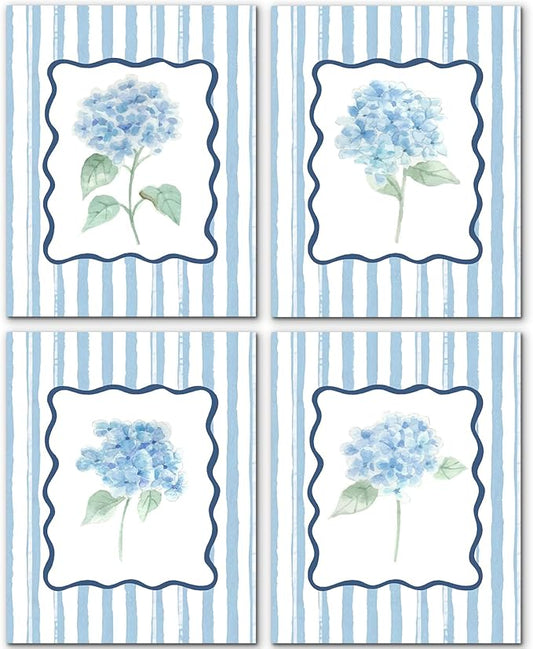 JINYO Retro Blue Hydrangea Floral Wall Art Prints Set of 4, Floral Room Decor, Rustic Blue and White Striped Botanical Flower Posters Pictures Wall Decor for Home Bedroom, 12x16 Unframed