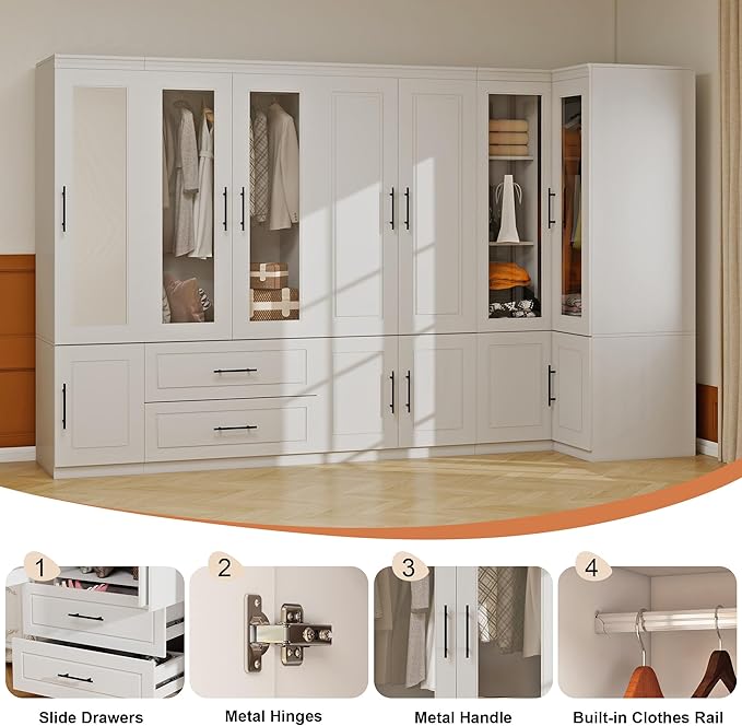 White Armoire Wardrobe Closet with 7 Door: Wood Wardrobe Closet Cabinet with Mirror Combination Corner Cabinet Wooden Bedroom Armoire with Hanging Rods for Home/Bedroom/Office