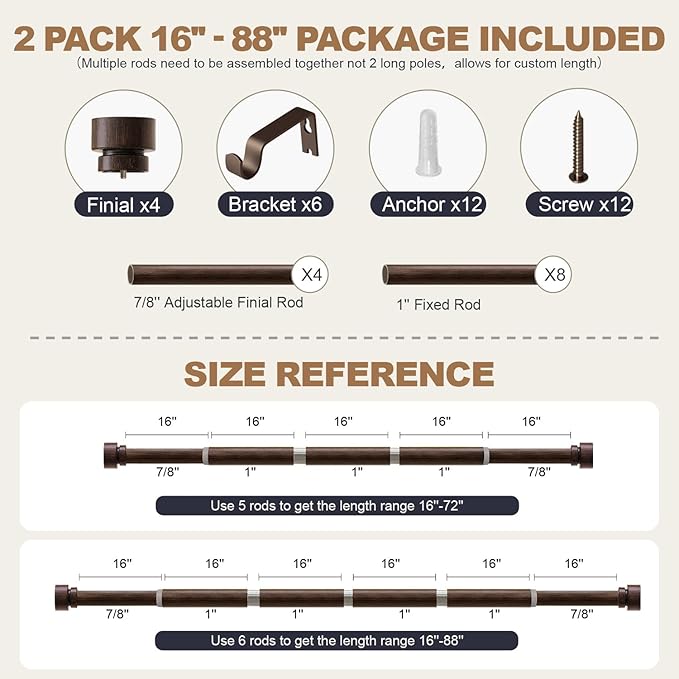 2 Pack Deep Walnut Wood Grain Curtain Rods for Windows 48 to 84 Inches 1" Diameter Heavy Duty Window Curtain Rod Adjustable with Solid Finials for Living Room Bedroom Kitchen Farmhouse Outdoor