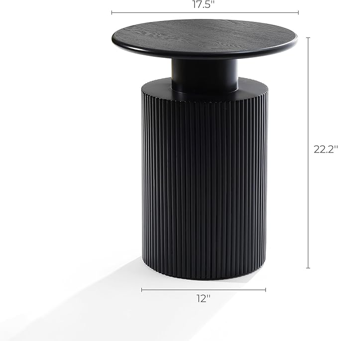 LuxenHome Black Side Table, 22" Fluted Round Side Table for Small Spaces, Modern Accent End Table for Living Room Couch, Bedroom, Bedside Table, Nightstand