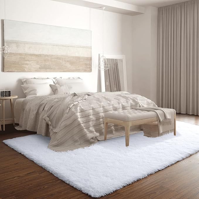 Merelax Modern Soft Fluffy Large Shaggy Rug for Bedroom Livingroom Dorm Kids Room Indoor Home Decorative, Non-Slip Plush Furry Fur Area Rugs Comfy Nursery Accent Floor Carpet 4'x6' White