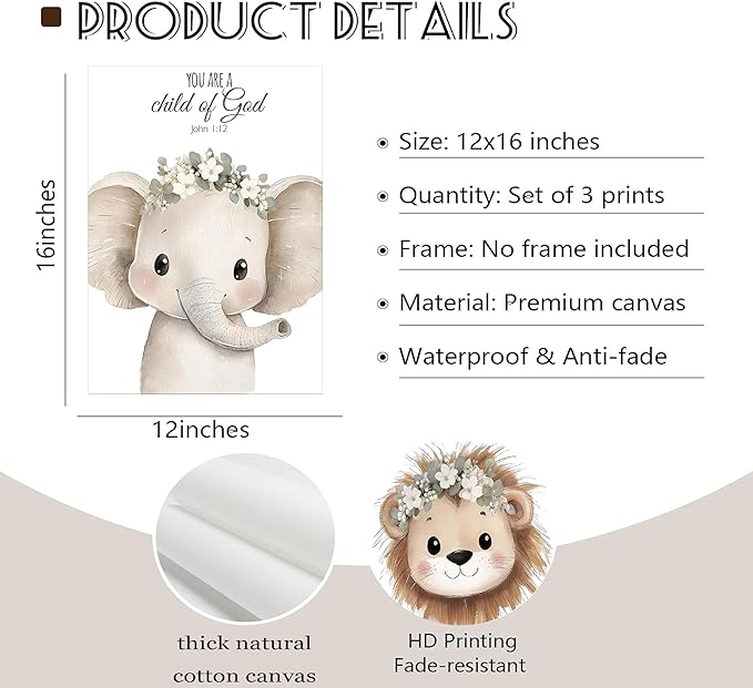 3 Pcs Nursery Bible Verse Animal Wall Art Cute Funny Safari Animals Christian Painting Picture Wall Decor Giraffe Elephant Lion Poster Print Artwork for Boys and Girls Home Decoration Unframed