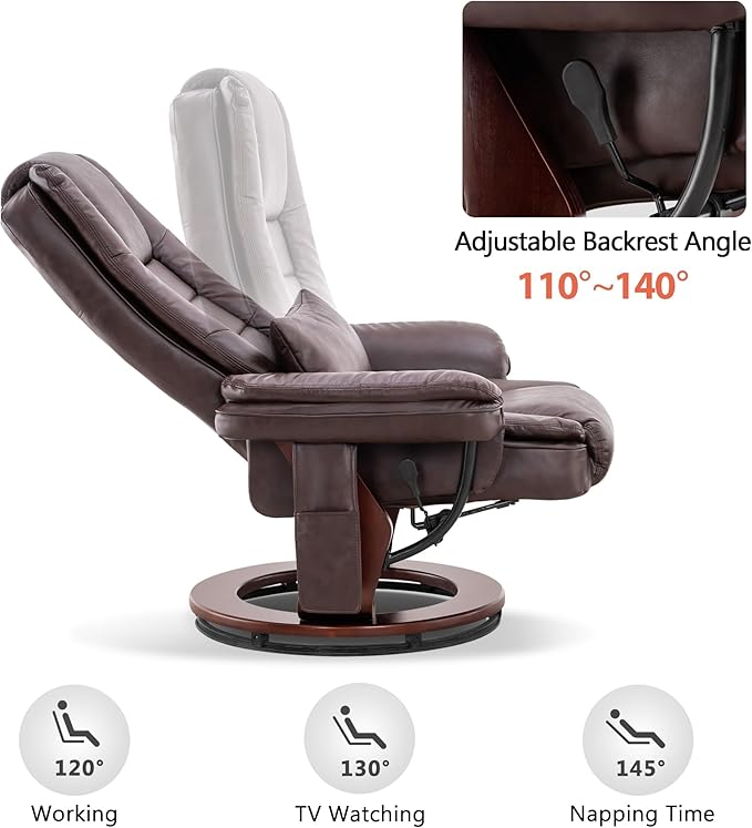 MCombo Swivel Recliner with Ottoman Chair, TV Chair Sets with Vibration Massage, for Small Space Living Room Bedroom 9096 9099 (Faux Leather, Dark Brown)