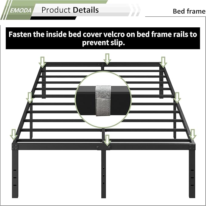 EMODA 18 Inch California King Bed Frames with White Cover, Heavy Duty Metal Cal King Platform Bed Frame No Box Spring Needed, Noise Free