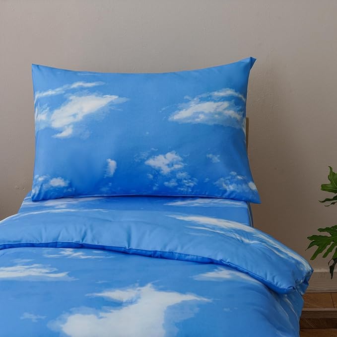 KAREVER Cloud Toddler Bedding Set 4 Pieces Crib Bed Set Kids White Blue Sky Theme Comforter Set