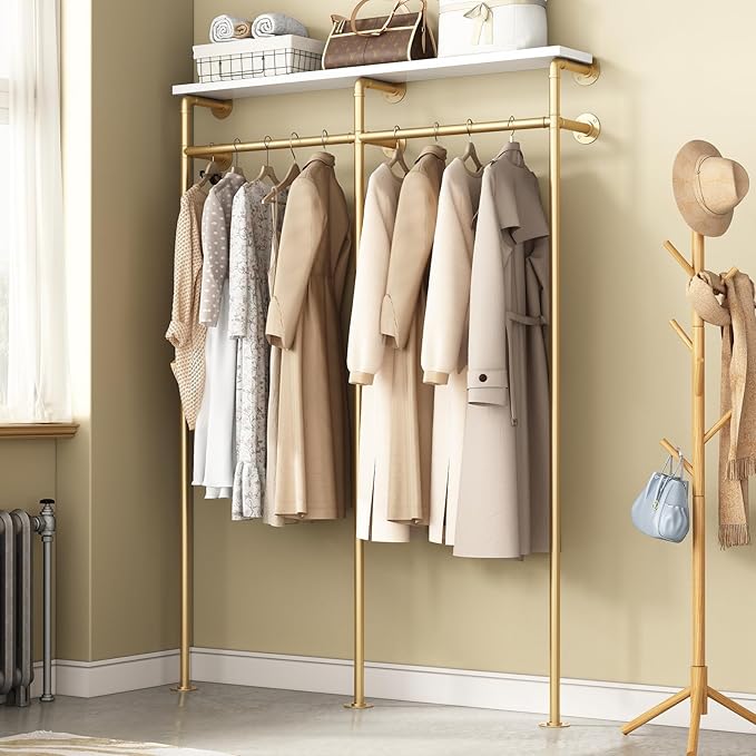 Industrial Pipe Clothing Rack, Wall Mounted Clothes Rack Gold Clothing Rack with Shelf Wardrobe Multi-Purpose Storage Clothes Hanging Shelf-59''L Gold