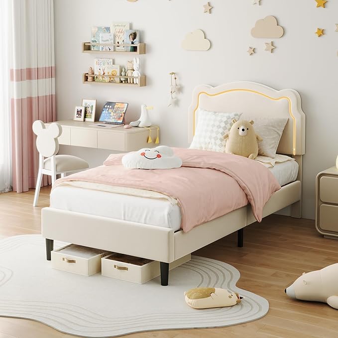 GarveeHome Twin Upholstered LED Bed Frame with Headboard, Velvet Princess Platform Bed Frame for Kids, Wooden Slats Support, No Box Spring Needed (Beige, Twin)