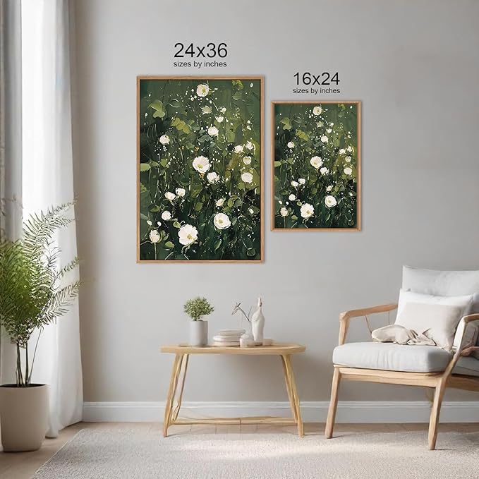 HLNIUC Green White Floral Framed Wall Art Set, Abstract Flower Canvas Wall Decor, Modern Botanical Wall Painting, Blossom Landscape Art Print for Living Room, Bedroom, Office - 24"x36"x3