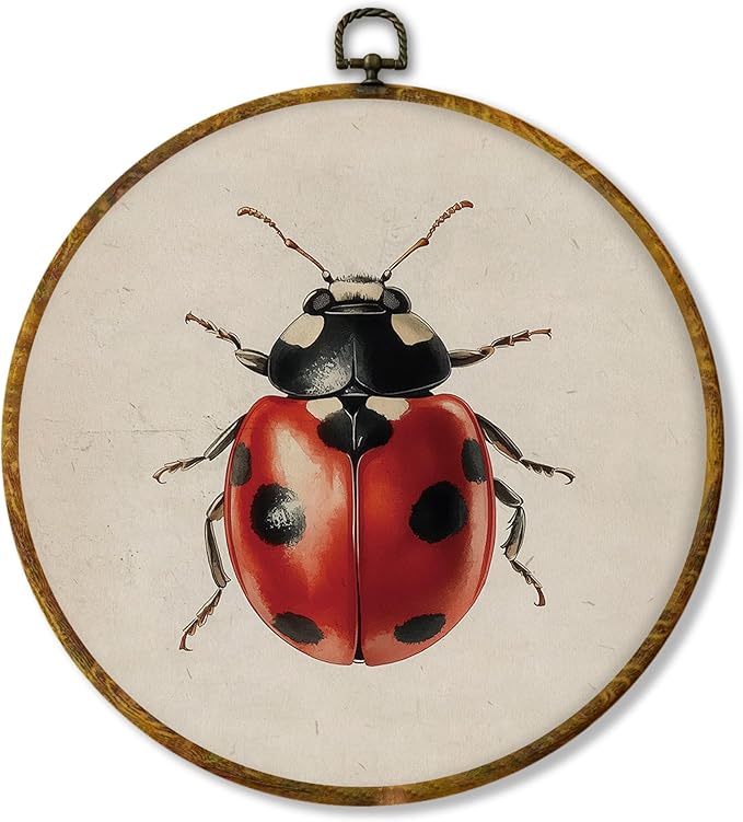 Hiuwevt Vintage Ladybug Round Wall Art Decor, Farmhouse Cottagecore Lady Bugs Framed Canvas Prints, Rustic Insect Round Wall Hanging Decor for Home Bedroom Living Room Decorations, 10x10 Inches