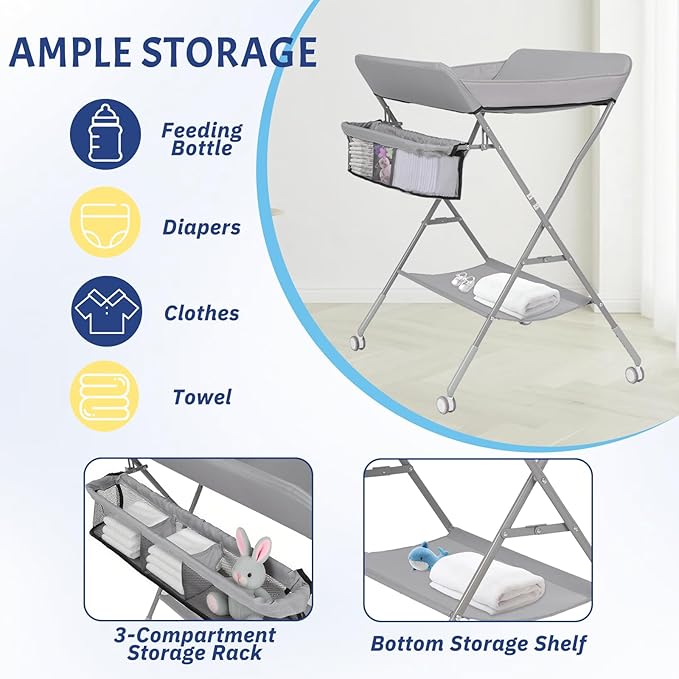 Portable Diaper Changing Table with Wheels for Baby, Mobile Folding Changing Station with 5-Level Adjustable Height and Large Storage Rack & Shelf