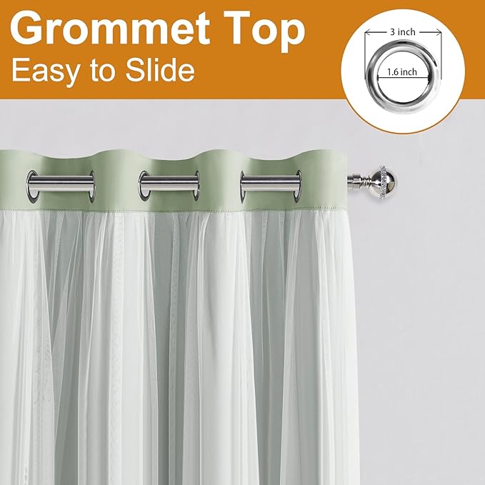 DWCN Layered Curtains for Living Room Blackout and Sheer Curtains with Tiebacks Grommet Top Window Treatments with Sheer Overlay for Bedroom, 52 W by 63 L, Seafoam, 2 Pieces