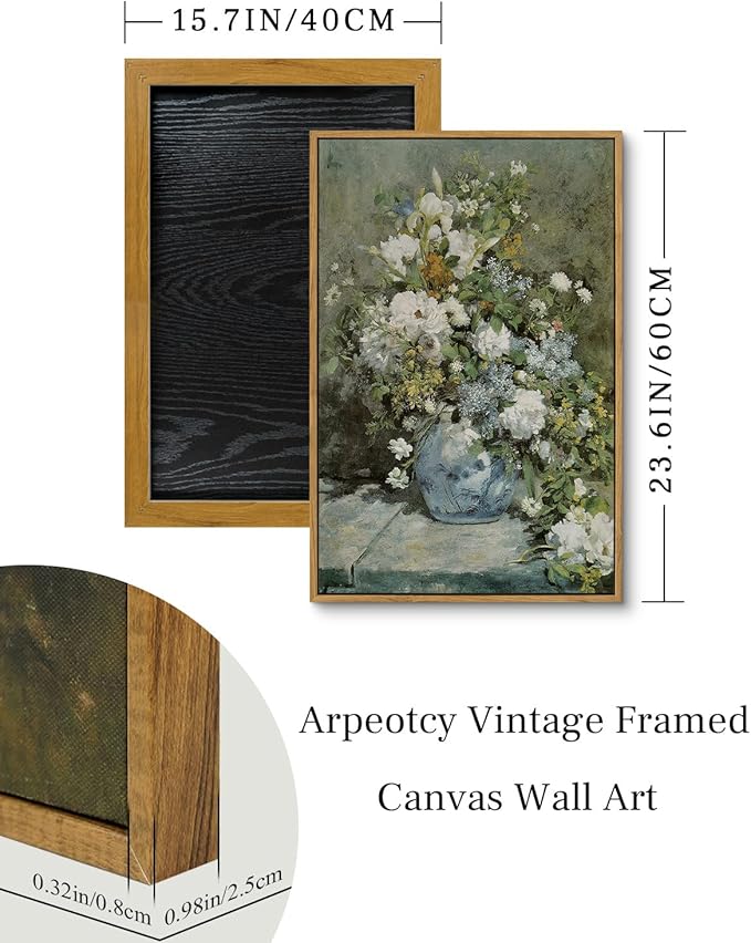 ARPEOTCY Framed Canvas Print Wall Decor, Vintage French Flower Spring Botanical Wall Art Home Decor, Ceramic Vase Floral Farmhouse Large Oil Painting for Living Room, Office Decoration, 16x24 inch