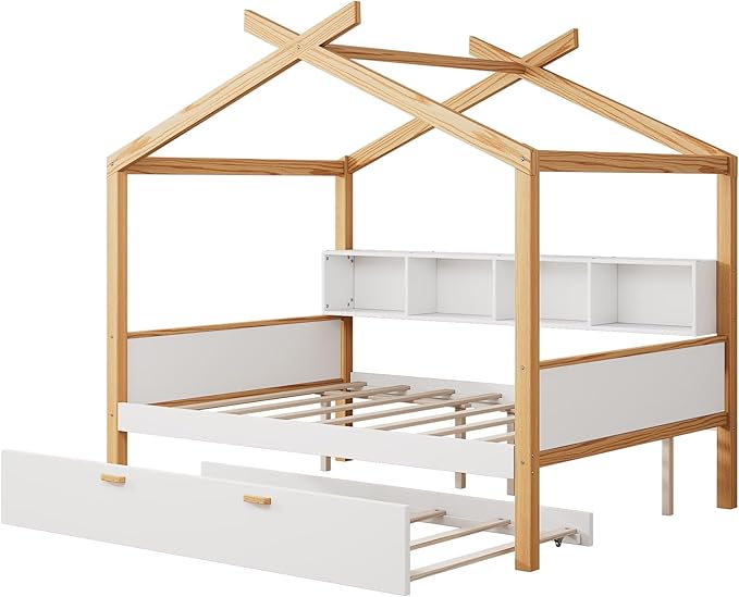 Full Size Wooden House Bed with Twin Size Trundle and Bookshelf Storage Space, Original Wood Colored Frame with Roof and Slats Support for Kids Teens Girls Boys Bedroom (White+Trundle, Full)