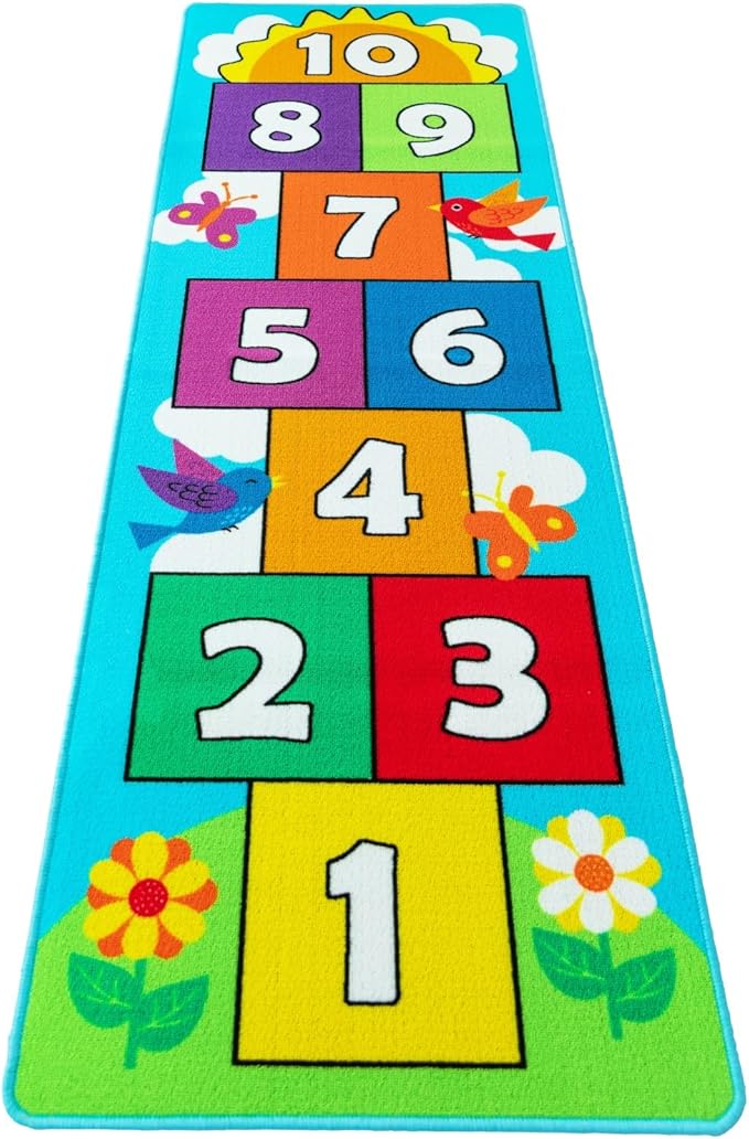 Hop & Count Hopscotch Rug for Kids, Floor Play Area Rug Game Carpet Crawl Jump Mat, Skid-Proof Backing, Great Gift for Boys Girls, Room Decor, Classic Hopscotch Rug for Preschool Playroom