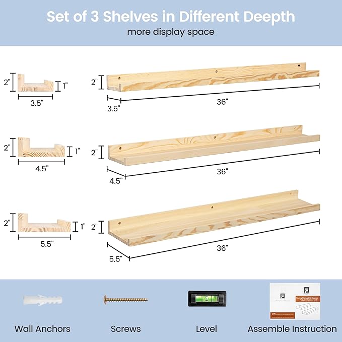 Picture Ledge Shelf for Wall, 36 inches Solid Pine Wood Nursery Book Shelves 3 Packs, Floating Ledge Shelves for Kids' Room Bedroom Bathroom Living Room Photo Frames Office Nursey Wall Decor, Natural