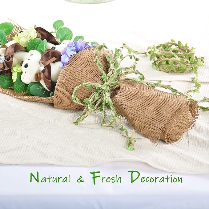 Naidiler 32 Ft Burlap Leaf Ribbon Twine for Crafts for Safari, Jungle, Fairy Party, Woodland Baby Shower, Enchanted Forest Decorations Vines Decor