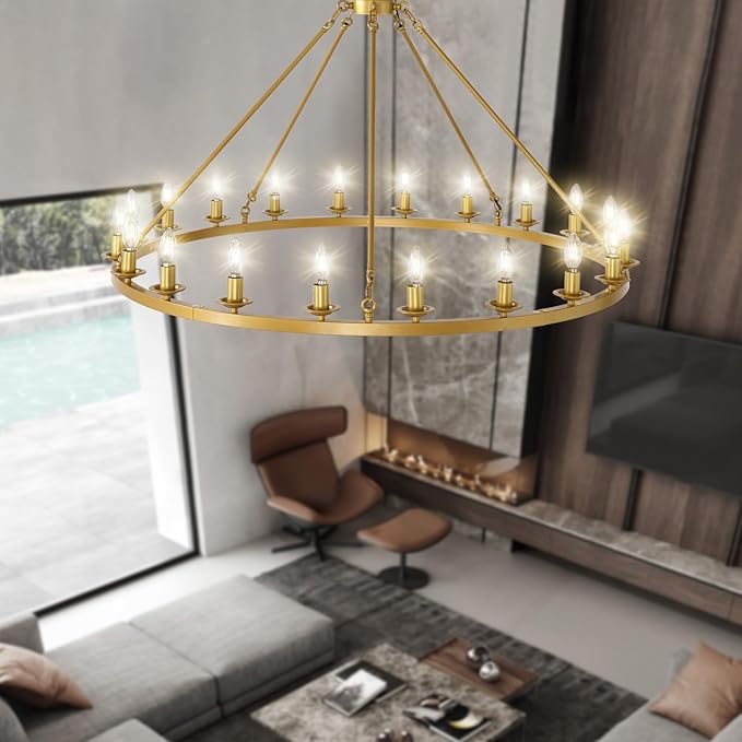 Wagon Wheel Chandelier, 20-Light Gold Round Modern Farmhouse Chandelier with Adjustable Height Hanging Island Light Fixture for High Ceiling Dining Room, Kitchen, Living Room, Entryways, Foyer
