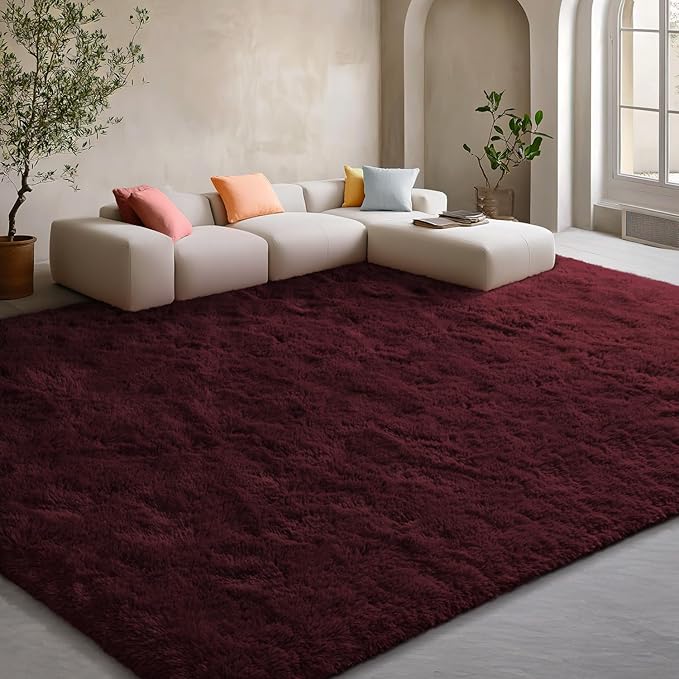 EVOIONOS 5x8 Washable Large Area Rug for Living Room, Fluffy Shag Bedroom Rug, Ultra Soft Plush Non Slip Carpet Indoor Floor Bedside Nursery Kids Girls Room Dorm, Home Decor Aesthetic, Midnight Red
