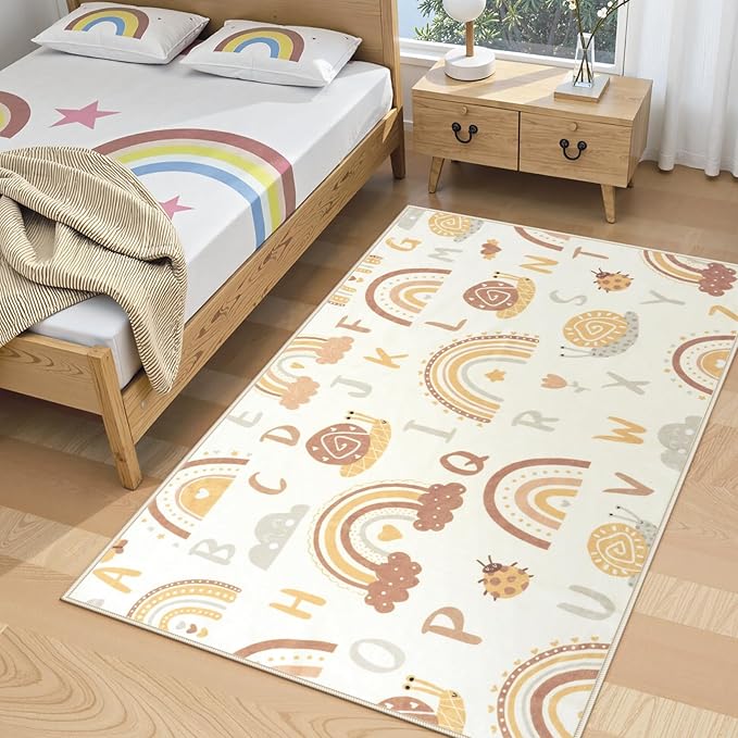 LIVEBOX Soft Kids ABC Rug, Washable Rainbow Rugs for Bedroom, Non Slip Playroom Carpet Cute Alphabet Mat for Preshcool Play Room (Orange,3'x5')