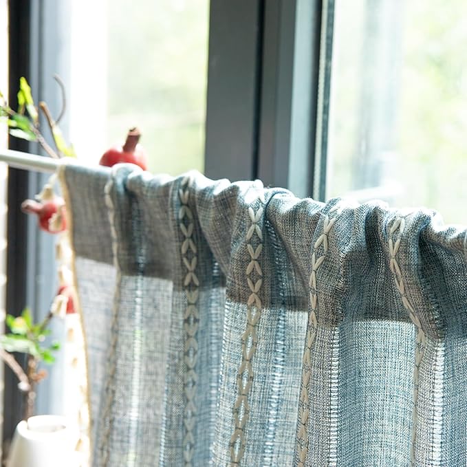 Deeprove Denim Blue Boho Curtain Valance for Cafe Kitchen Closet Doorway Decor, Sheer Bohemian Farmhouse Cotton Linen Short Panel Tassel Trim Traditional Window Treatment Drape, W52 x L18, 1 Piece