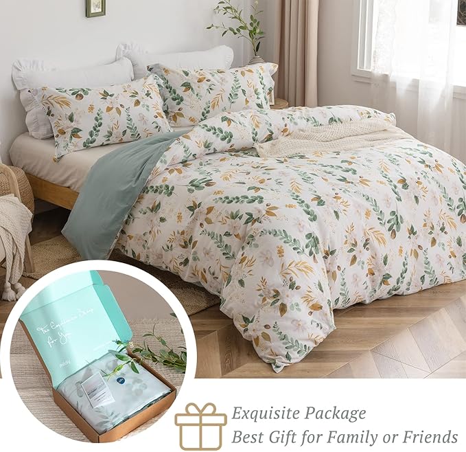 MILDLY Pattern Duvet Cover Set - 100% Washed Cotton Garden Floral Botanical Flower Leaves Bedding Set 3 Pieces Queen Size Linen Feel Breathable Comforter Cover with Zipper Ties