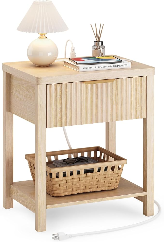 Lulive Fluted Night Stand with Drawers, Fluted Nightstand with Charging Station, Wood Modern Bedside End Table with Storage Drawer for Bedroom, Save Space (Set of 1, Natural Oak)