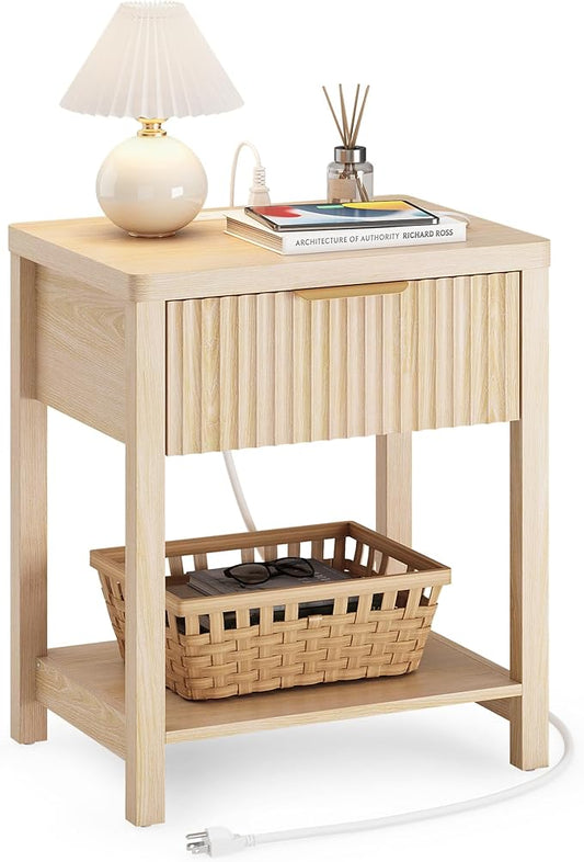 Lulive Fluted Night Stand with Drawers, Fluted Nightstand with Charging Station, Wood Modern Bedside End Table with Storage Drawer for Bedroom, Save Space (Set of 1, Natural Oak)