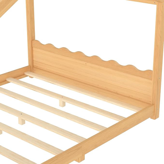 Queen Size Wooden House Floor Bed - Kids Bed Frame with Roof & Support Slats for Bedroom, No Box Spring Needed, Easy Assembly (Natural)