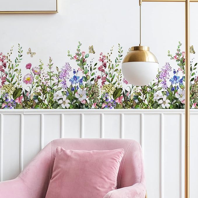 Big Plant Grass Wall Corner Stickers Flowers with Butterflies Base Board Skirting Line Wall Decals for Bedroom Living Room Staircase Kitchen