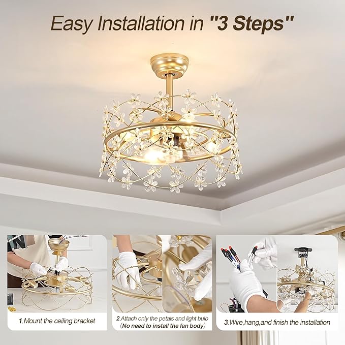 20 Inch Gold Caged Ceiling Fan with Light, Flower Chandelier Ceiling Fan with Lights Remote Control, Frower Crystal Fandelier 6 Speeds for Girl's Bedroom, Living Room