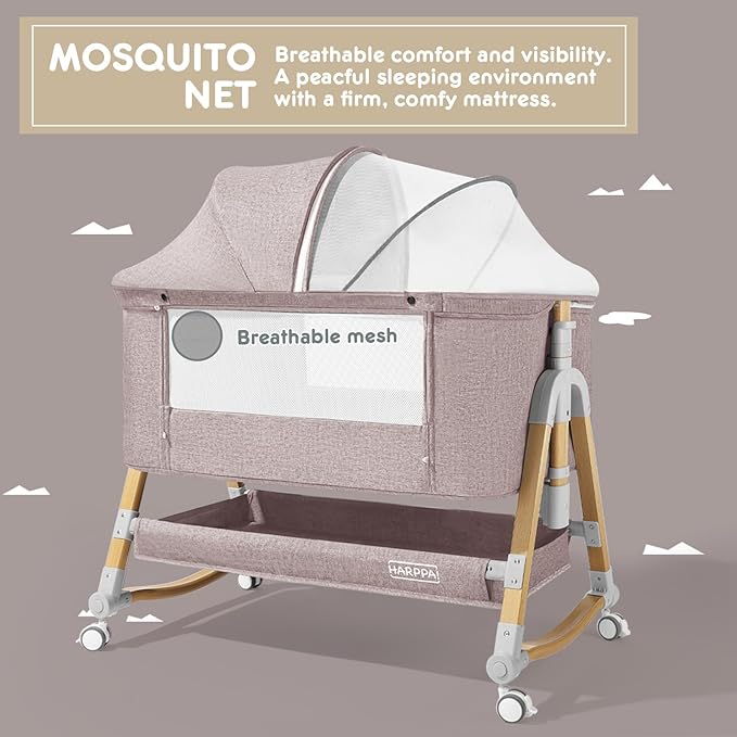 HARPPA Cuddly Bassinet, 3 in 1 Baby Bassinet, Rocking Bedside Bassinet with Wheels, 5 Height Adjustable, Includes Mosquito Net, Mattress, Anchor Strap