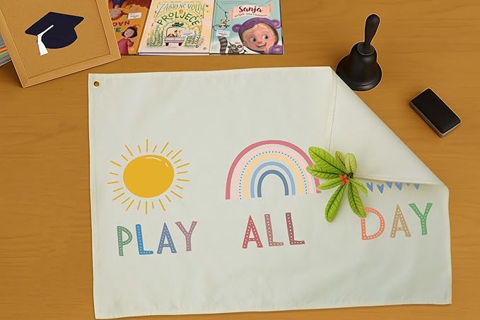 Playroom Canvas Banner Wall Decor-Hanging Rectangular Poster Flag Sign Wall Art for Nursery Baby Kids Girl Boy Teen,Playroom Decoration,Christmas Gift-Play All Day-28.5" L x 20" W