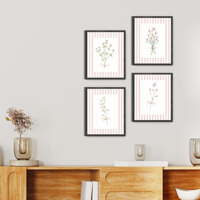 JINYO Coquette Pink Bow Floral Wall Art Prints Set of 4, Floral Room Decor, Preppy Pink and White Striped Flower Posters Pictures Wall Decor for Girls Room Bedroom Dorm Home, 8x10 Unframed