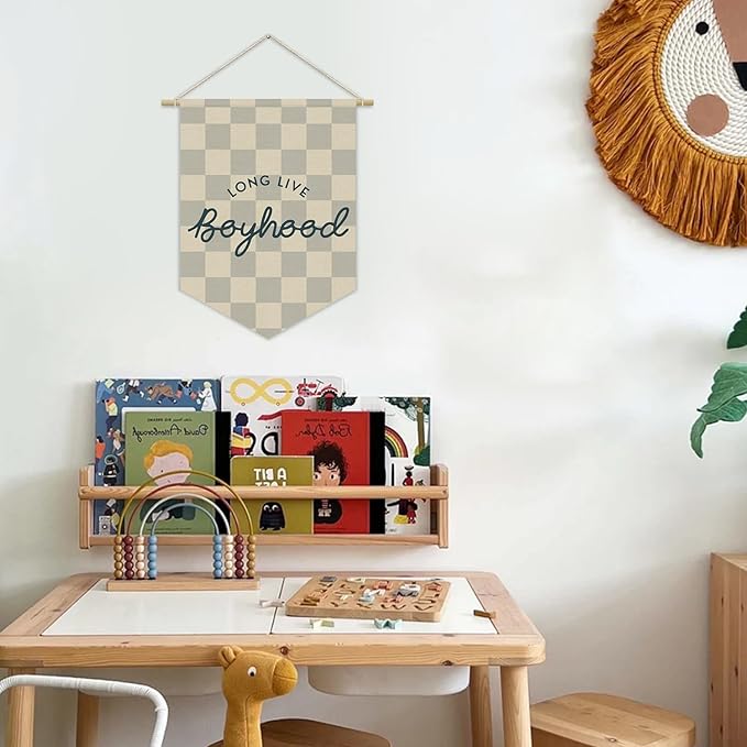 Boys Room Decor, Long Live Boyhood Boy Nursery Linen Canvas Banner, Grey Checkered Wall Hanging Pennant Flag Banner for Boys Nursery Kids Toddler Room Bedroom Playroom Decor, 15x11in