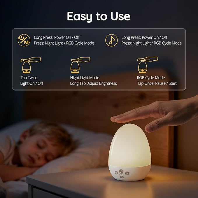 JolyWell Baby Night Light with Sound Machine, RGB Egg Light for Kids, 3 Color Temperatures, Stepless Dimming, USB-C Rechargeable, Touch Lamp for Nursery & Bedroom