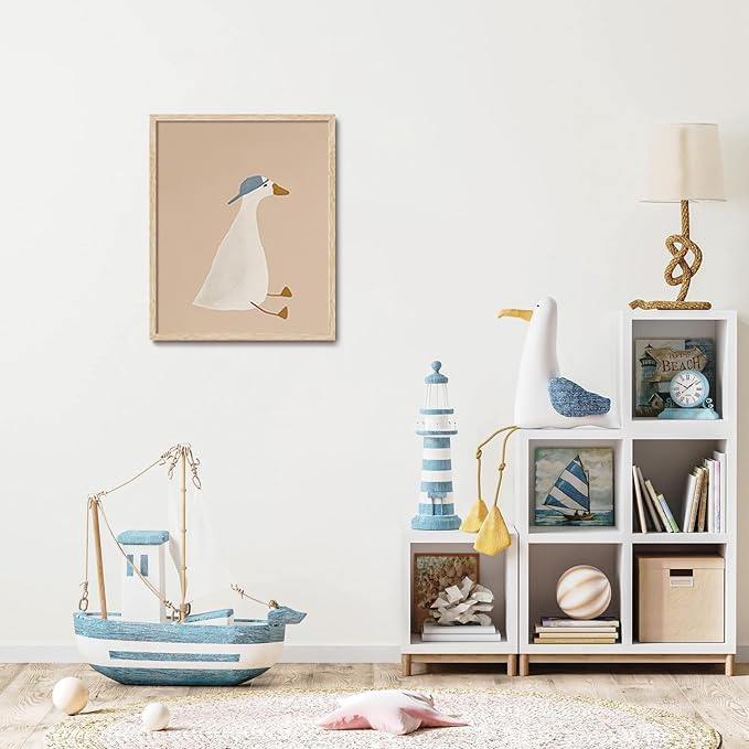 KISSFOX Framed Wall Art Nursery Wall Decor Cowboy Duck Pictures Kids Cute Animal Canvas Art Beige Boho Paintings Artwork For Children Boys Girls Room