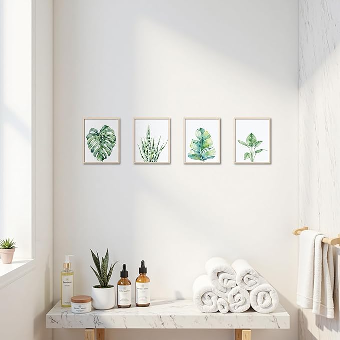 OFJE Botanical Green Leaf Wall Art Prints Set of 4, Tropical Plant Watercolor Poster for Bathroom Bedroom Living Room Decor, Unframed 8x10