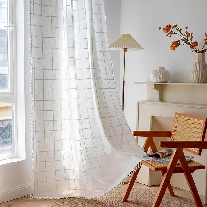 Deeprove Boho Plaid Curtains 72 inch for Home Office Kitchen Nursery, Moroccan Casual Farmhouse Tassels Window Treatment Bohemian Embroidery Drape Rod Pocket 1 Panel 52 W x 72 L, Cream White