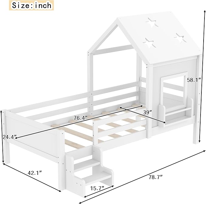 Bellemave Twin House Bed with Rails or guardrails and Bookcase, Wooden Twin House Shape Platform Bed for Boys, Girls, Teens, White