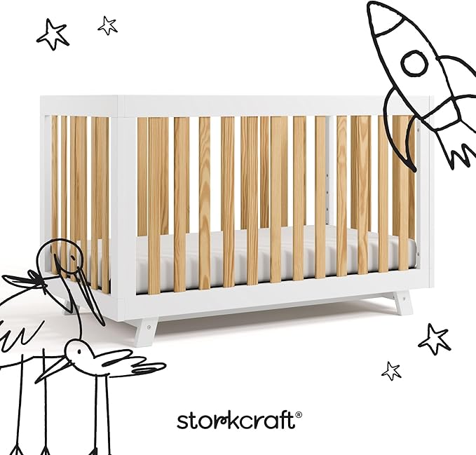 Storkcraft Beckett 3-in-1 Convertible Crib (Natural & White) – GREENGUARD Gold Certified, Fits Standard Crib Mattress, Converts to Toddler Bed and Daybed, 4 Mattress Heights, Grow-with-Me Design