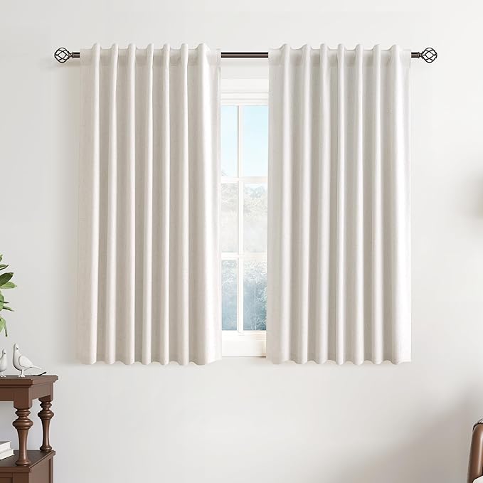 Cream Natural Linen 100% Blackout Kitchen Curtains 45 Inch Length Short Modern Beige Light Blocking Thermal Insulated Soundproof Living Room Basement Small Windows Back Tab Hook Belt 2 Panels 52x45