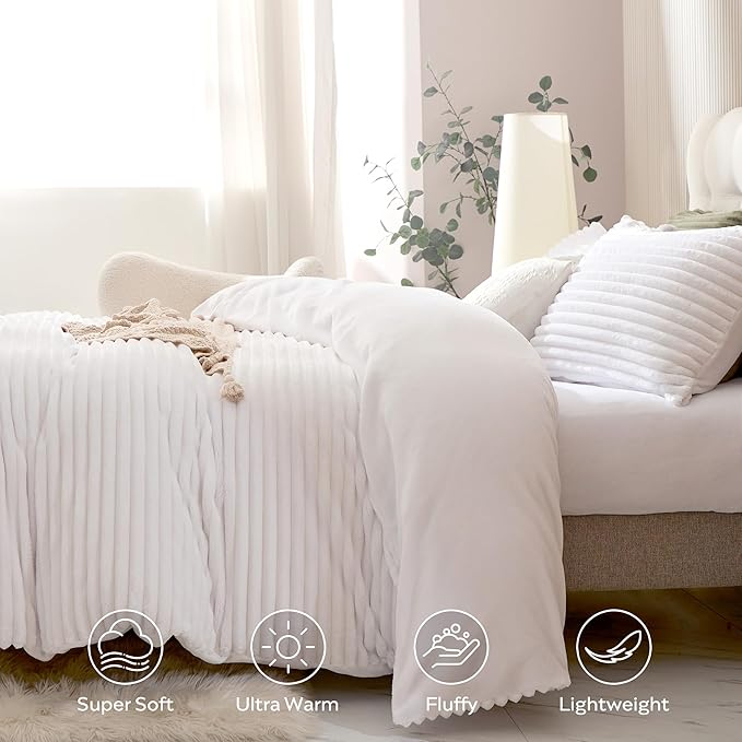 JELLYMONI Plush Duvet Cover Set - King Size Pure White Striped Fluffy Comforter Cover 3pcs Bedding Set Luxury Ultra Soft Faux Fur Duvet Cover with Zipper and 2 Pillowcases (NO Comforter)
