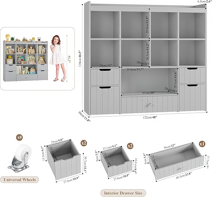 HITHOS 48" W Toy Storage Organizer, Large Kids Bookshelf with Rolling Toy Chest, Toy Organizer with Storage Bins, Book Shelf for Kids Room, Playroom Toy Box with 9 Open Cubbies for Boys/Girls, Grey