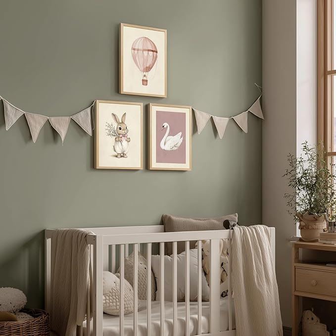 kilamino Pink Baby Girl Nursery Wall Art, Neutral Cute Rabbit and Swan Wall Decor, Vintage Hot Air Balloon Poster Prints, Pastel Bunny Animals Canvas Paintings for Baby Room Wood Framed 16"x24"x3