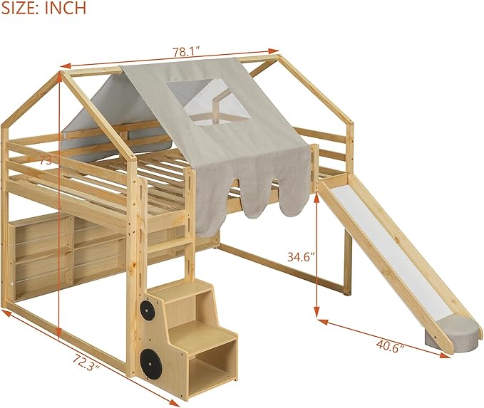 Playhouse Design Full Size Wood Loft Bed with Slide and Tent, Low Loft House Bed Frame with Storage Shelves and Removable Car-Shaped Staircase for Kids Teens Boys Girls Bedroom (Natural-PT)